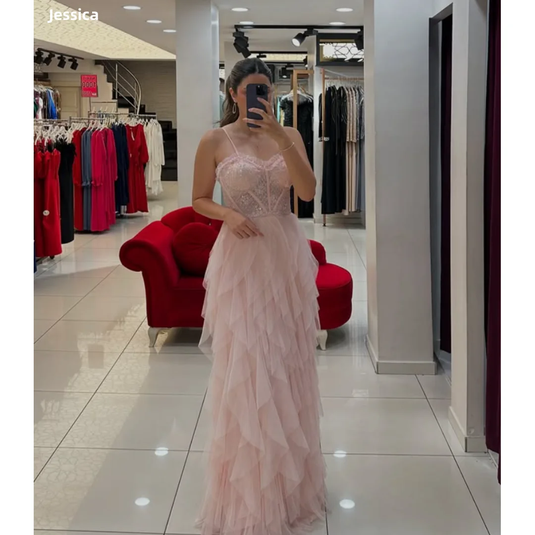 

Jessica Spaghetti Straps Sequins Evening Dresses Pink Tulle Multi-layer Prom Dresses Princess Lady Vestidos De Gala Customized