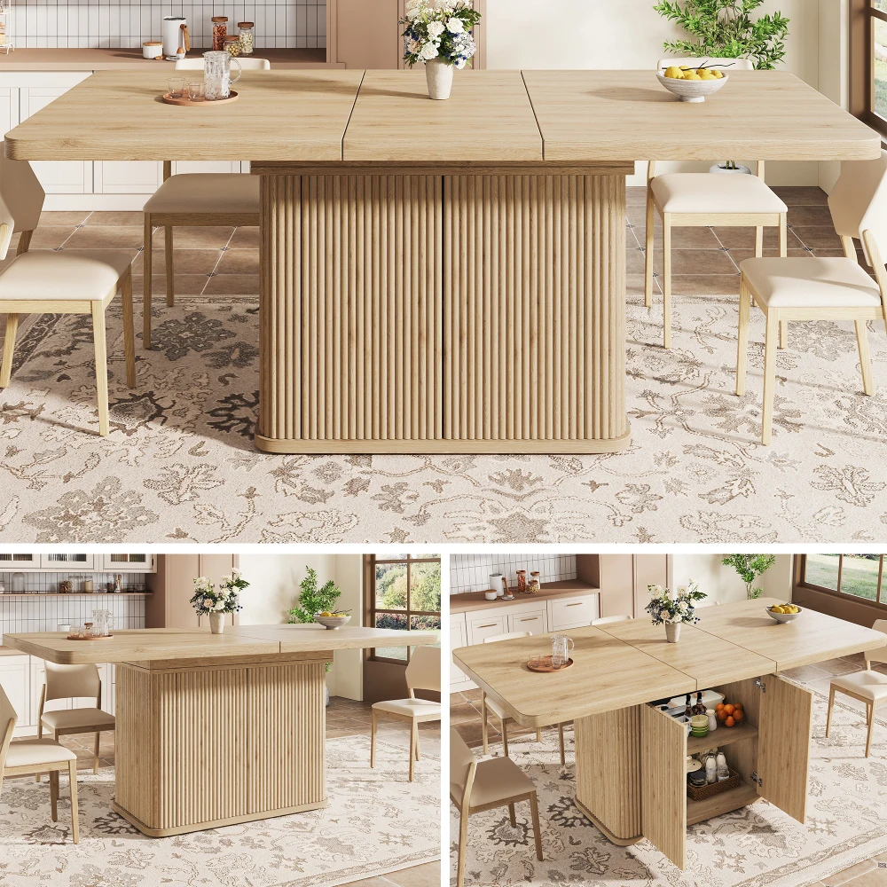Multifunctional Dining Table with Storage, Extendable Table Top, Decorated with Vertical Relief Stripes, 140/180 × 80 × 76.5 Cm, Light Wood Finish