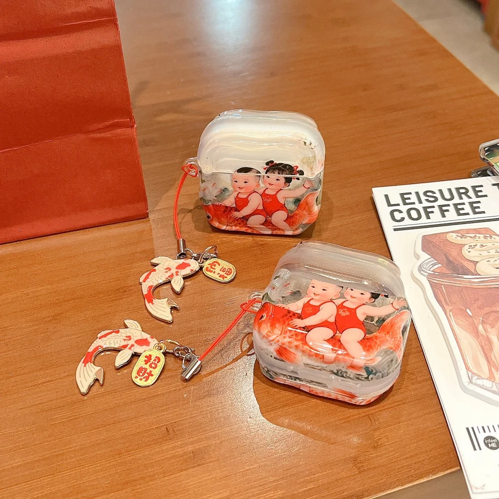 

Classic nostalgic Fuwa headphone protective case,suitable for AirPods4/3/2 Pro/2/4, with pendant, new shockproof protective case