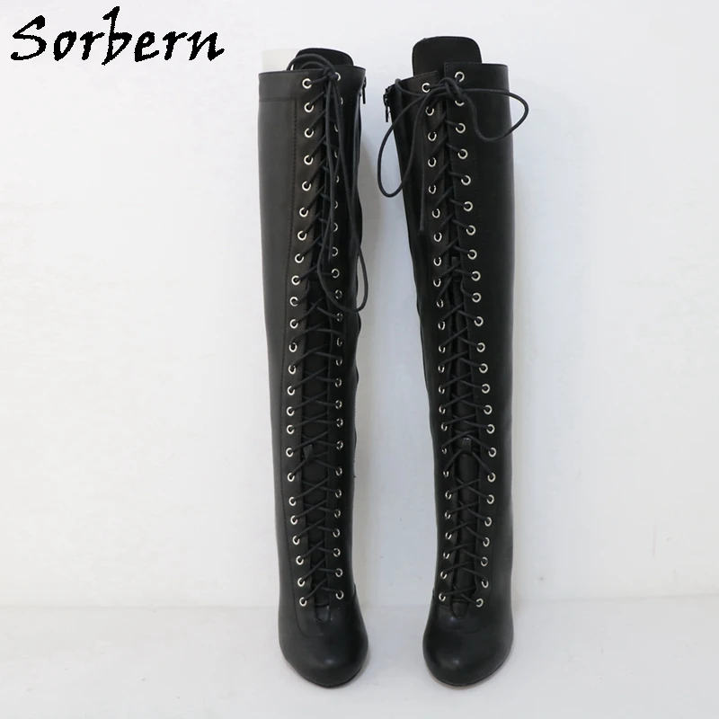 Sorbern Real Leather Heelless Vintage Ronde Neus Laarzen Burlesque Knie Hoge Hoge Boog Schoenen Brede Been Stiletto Black Matt Boot