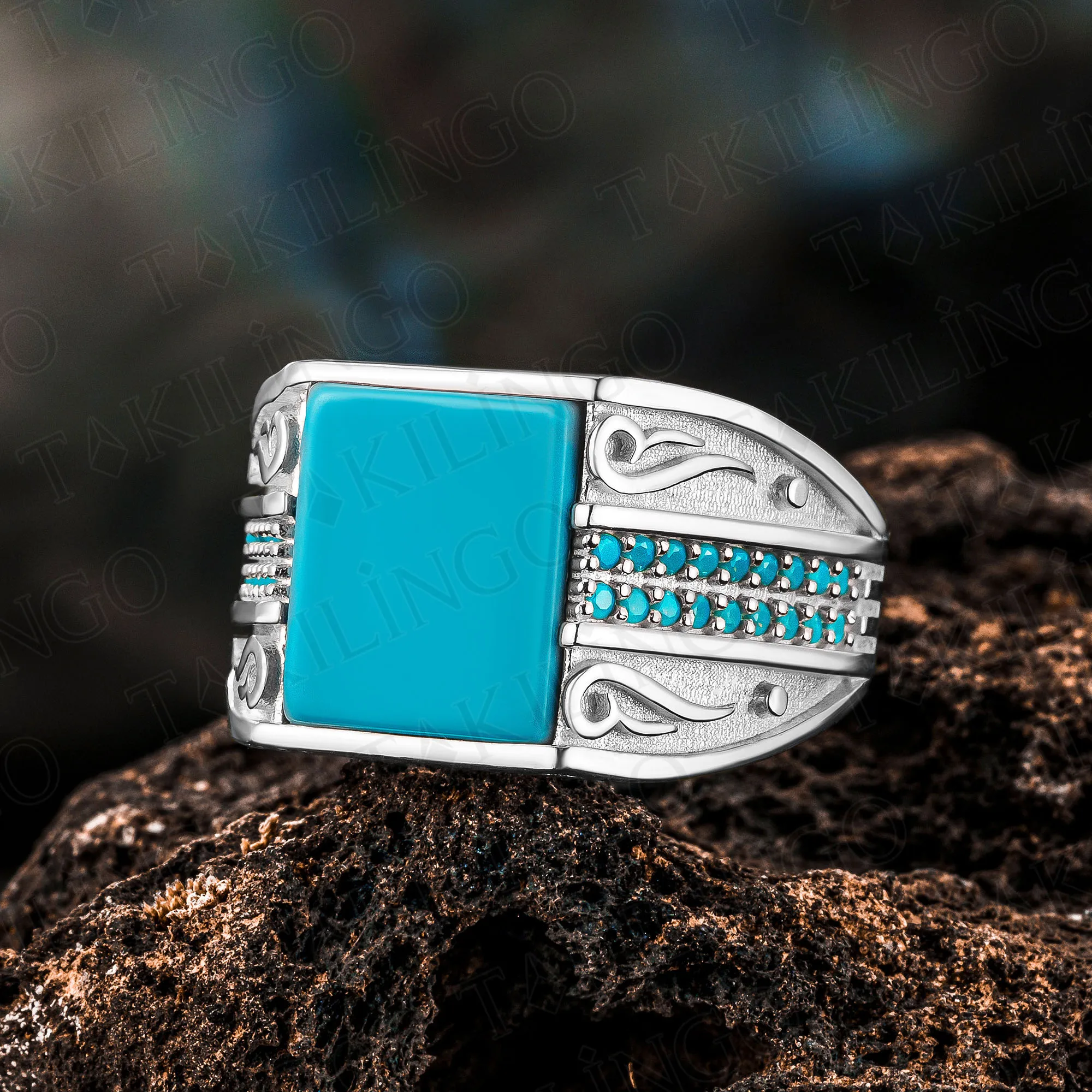 

Solid 925 Sterling Silver Rectangle Turquoise Men's Ring With Zirconia High Quality Handmade Turkish StyleJewelry Gift For Him