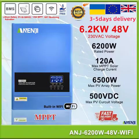 6.2KW Hybrid Solar Inverter 48V 230Vac On Grid Off Grid Pure Sine Wave Inversor PV 60-500V Built-in 120A Solar Charge Controller