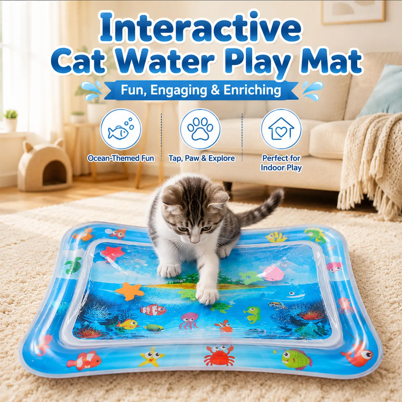 1 Stück Verdickte Katzen-Wasserbettmatte Sensorische Spielmatte Quadratische Sensor-Kühlmatte für Haustiere zum Spielen und Schlafen für Alle Jahreszeiten – Detail 1