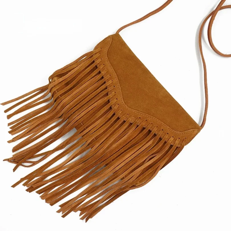 Damska torebka crossbody z prawdziwej skóry zamszowej z frędzlami, brązowa, styl 90s Y2K Boho Hippie Gypsy Ibiza Bohemian, mała torebka na telefon, listonoszka na ramię, 2026 — zdjęcie 2