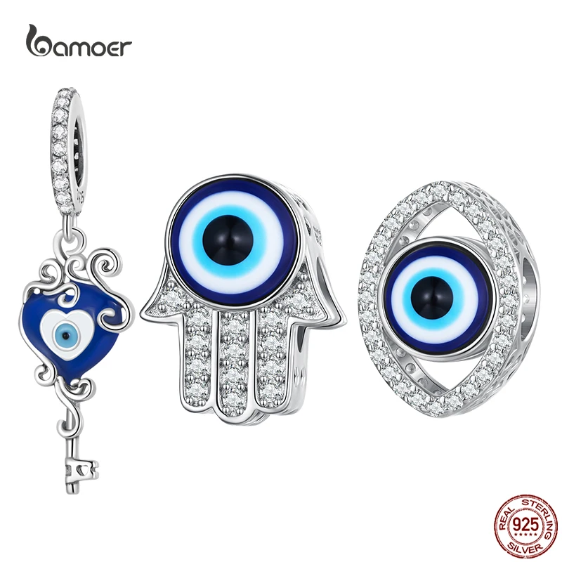 Bamoer 925 Sterling Silver Blue Evil Eye Bead Charms Fatima's hand pendant Fit Original Bracelet DIY Necklace Jewelry Make Gift