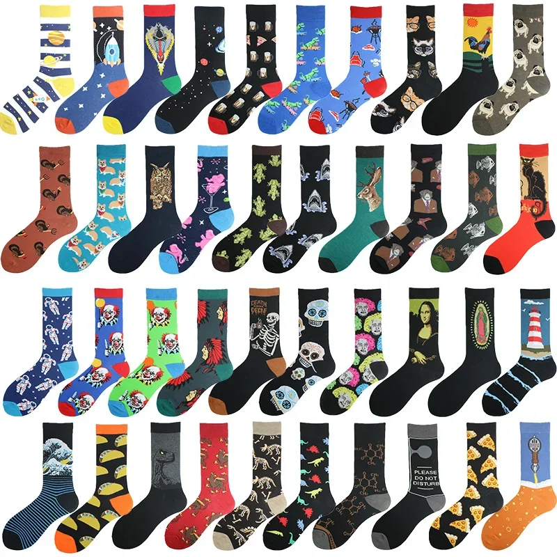 Heureux coloré drôle chaussettes hommes Skateboard requin dinosaure astronaute planète Divertidos Hip Hop Sokken Harajuku unisexe équipage chaussettes