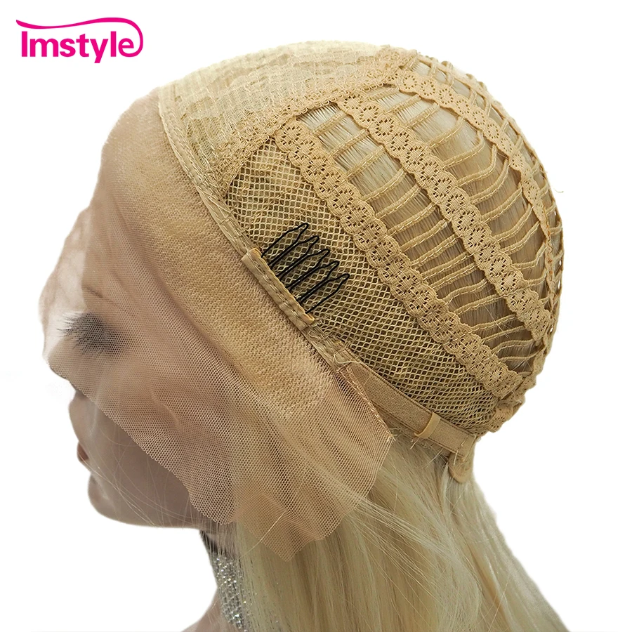 Imstyle-peluca rubia sintética con malla frontal para mujer, cabellera lisa de Color resaltado, fibra resistente al calor, para Cosplay diario