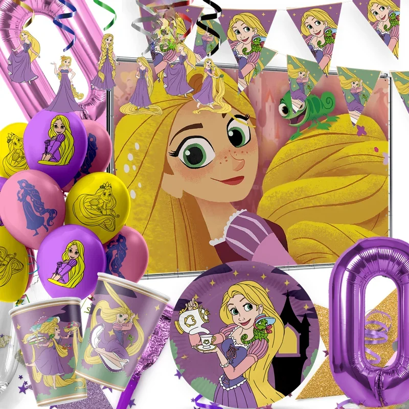 Fournitures de fête d'anniversaire princesse raiponce emmêlées Disney, vaisselle de fond, bannière, assiette en papier, tasse, ballon en aluminium pour fête prénatale