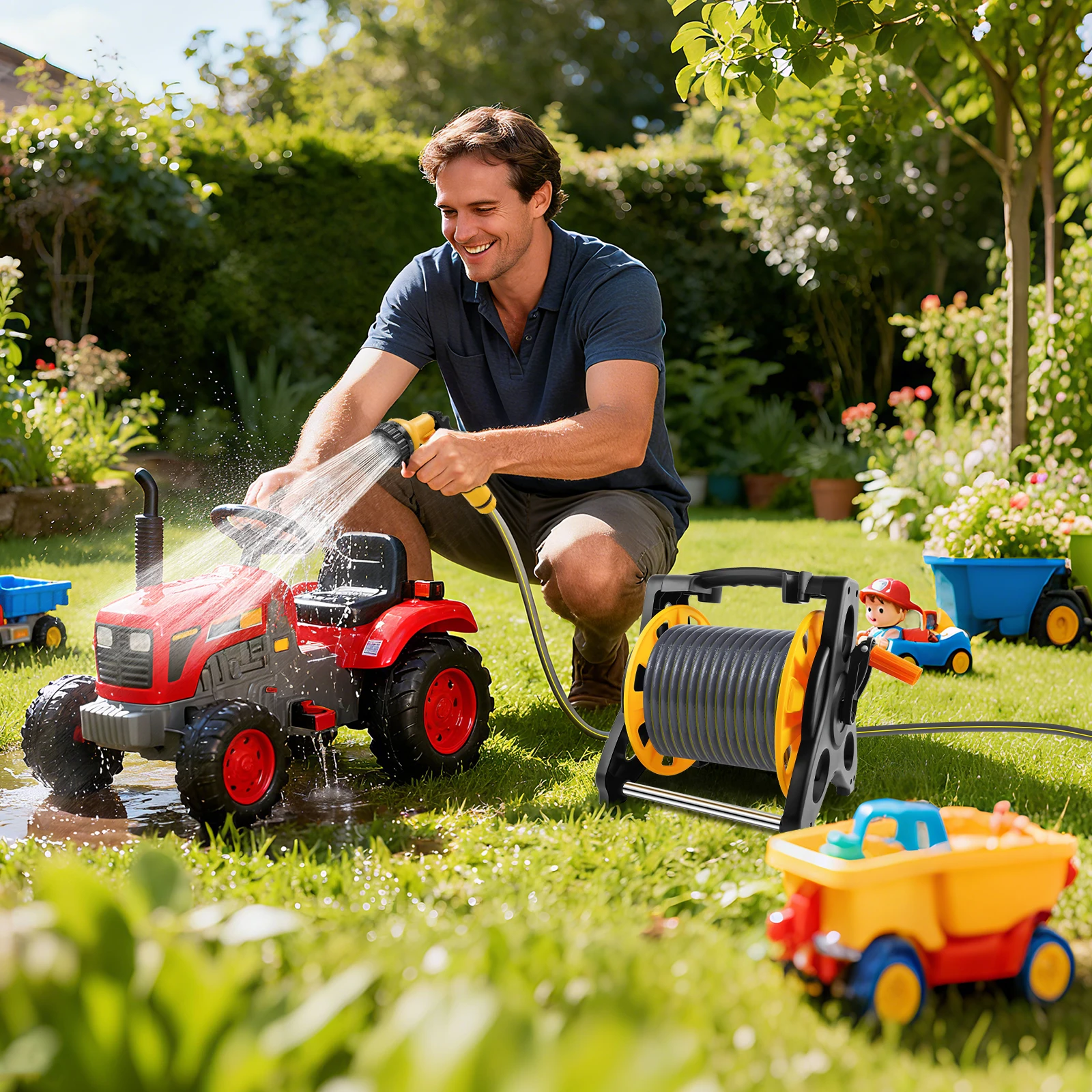 15m/25m/30m Gartenschlauchspule, 2-in-1-Ständer oder Wandbefestigung, enthält Schlauchführung, Sprühdüse und Schnellverbinder – für Garten und Rasen – Detail 4