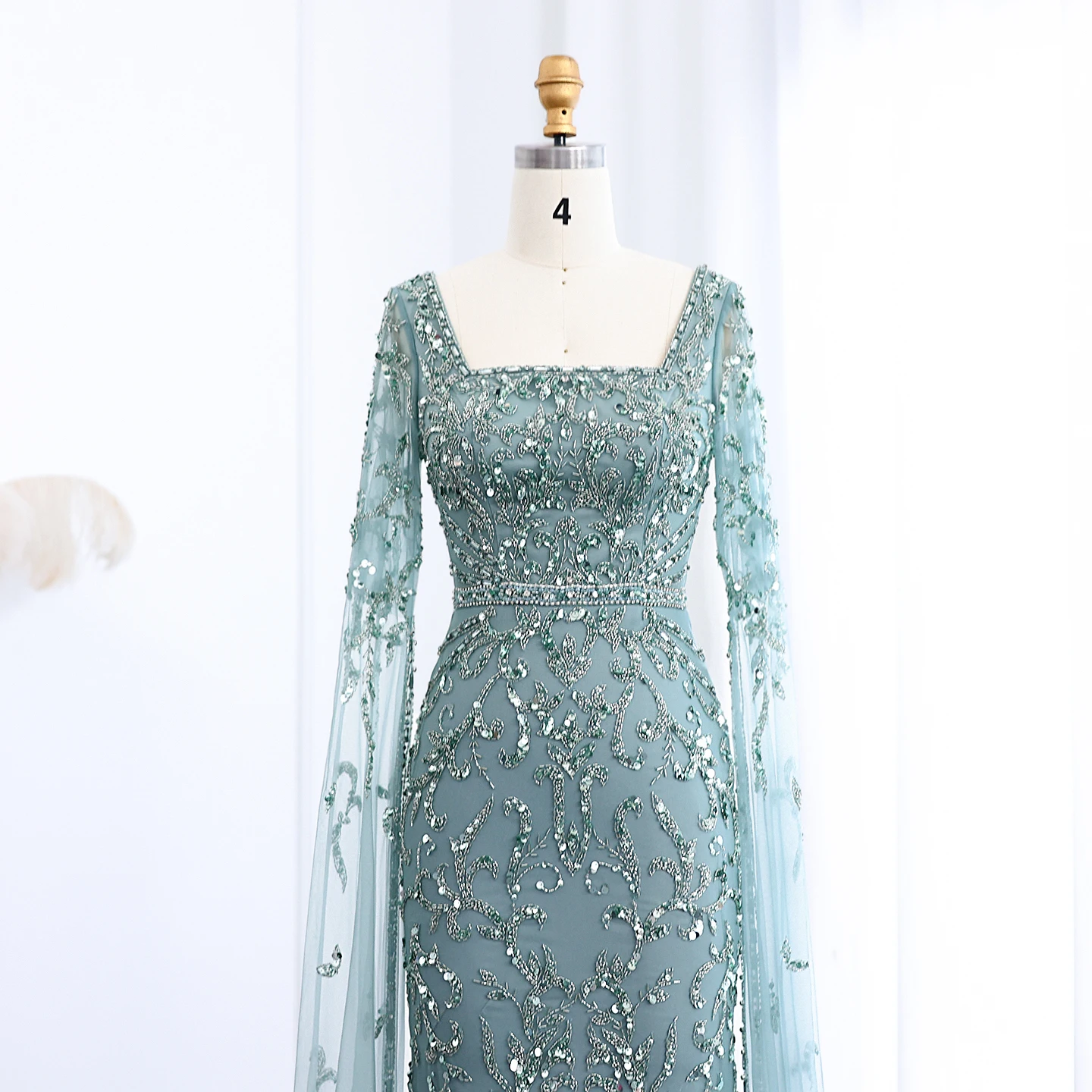 Sharon Said 2026 Luxuriöses Arabisches Türkisfarbenes Abendkleid mit Cape-Ärmeln, Quadratischem Ausschnitt, Arabian Nights Ballkleid SS469 Maßanfertigung – Detail 9