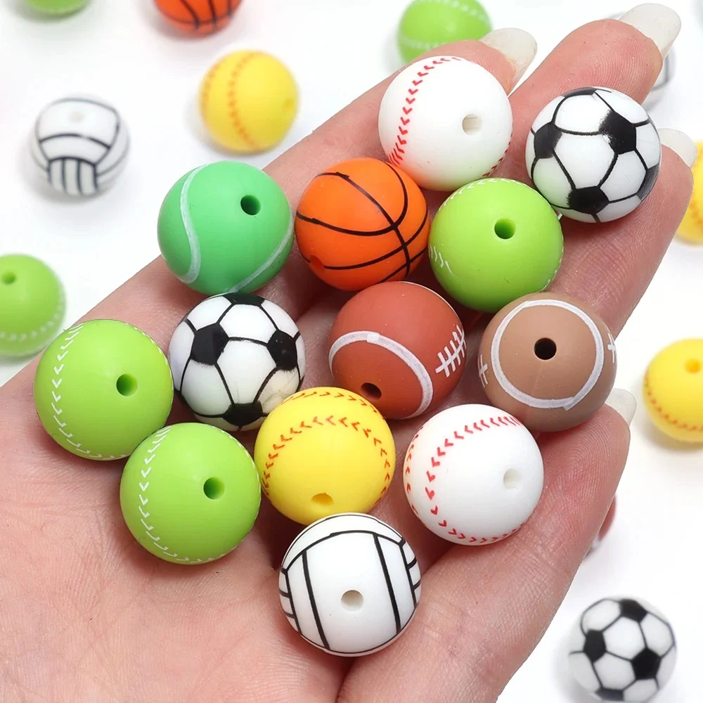 Perles Rondes en Silicone Imprimées Colorées de 15mm, 5 Pièces, Accessoires de Bijoux, Porte-Clés, pour Football, Baseball, Basket-Ball, dehors, DIY