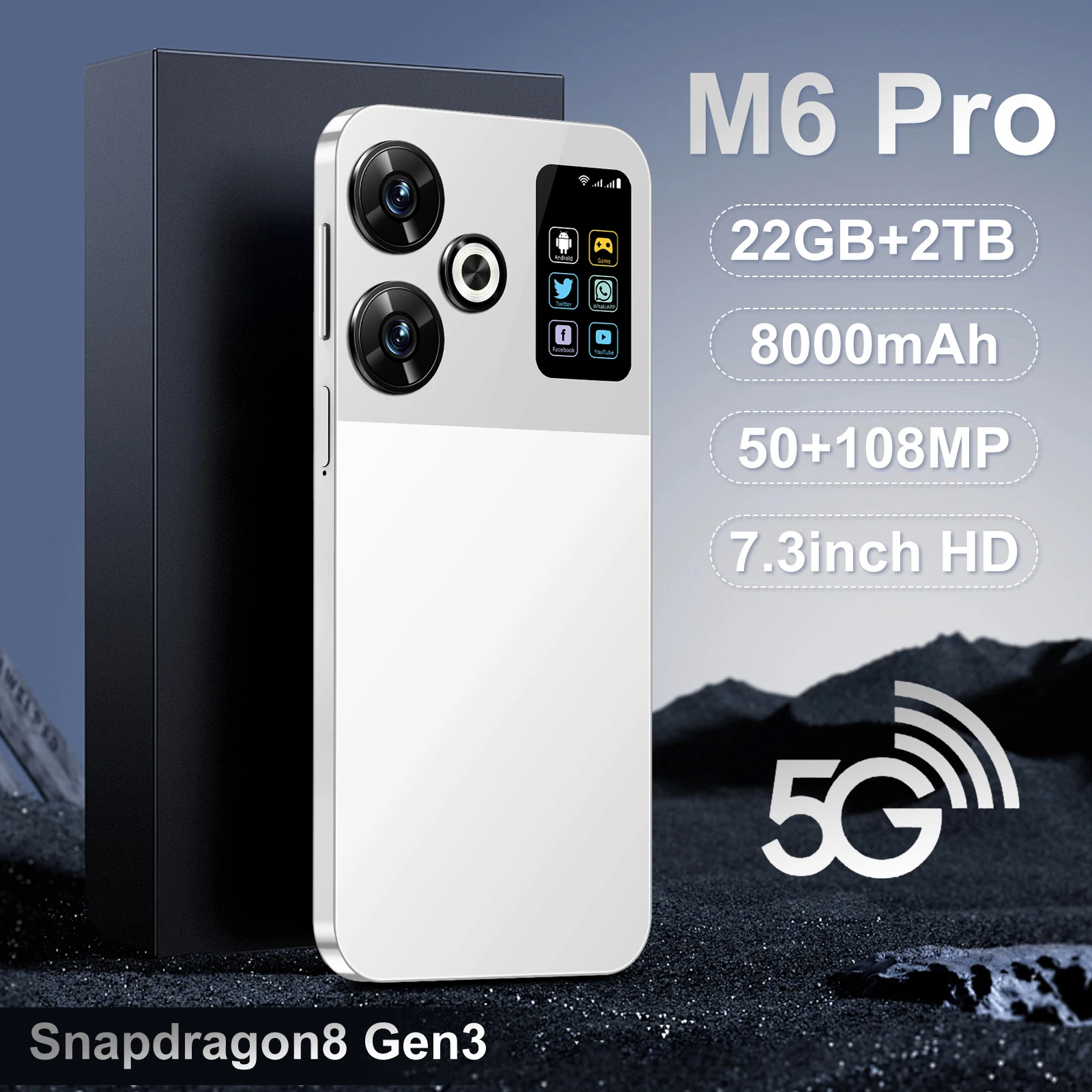 Smartphones M6 Pro d'origine 7.3 pouces HD 16GB + 1024GB 50MP + 108MP 8000mAh grande batterie Android 14 Snapdragon 8 Gen3 double SIM