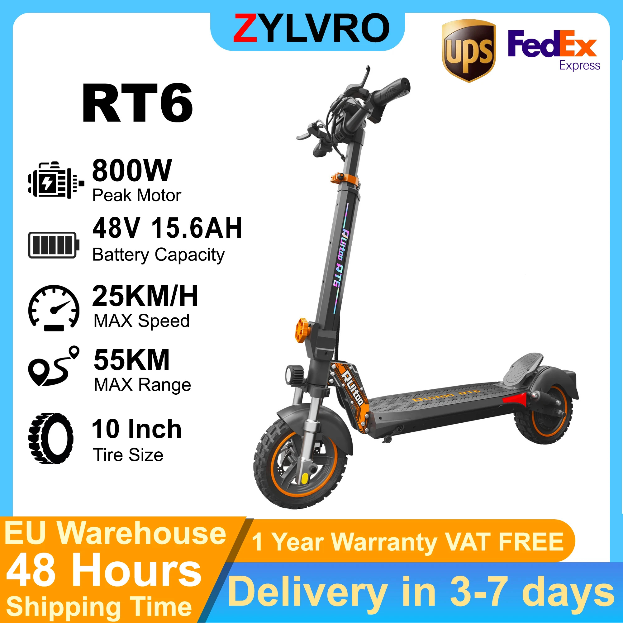 ZYLVRO RT6 Monopattino Elettrico, Motore 800W, Batteria 48V 15Ah, Pneumatici Fat da 10 Pollici, Sospensioni Complete, Freni Idraulici, Velocità Massima 25km/h, Autonomia Massima 55km
