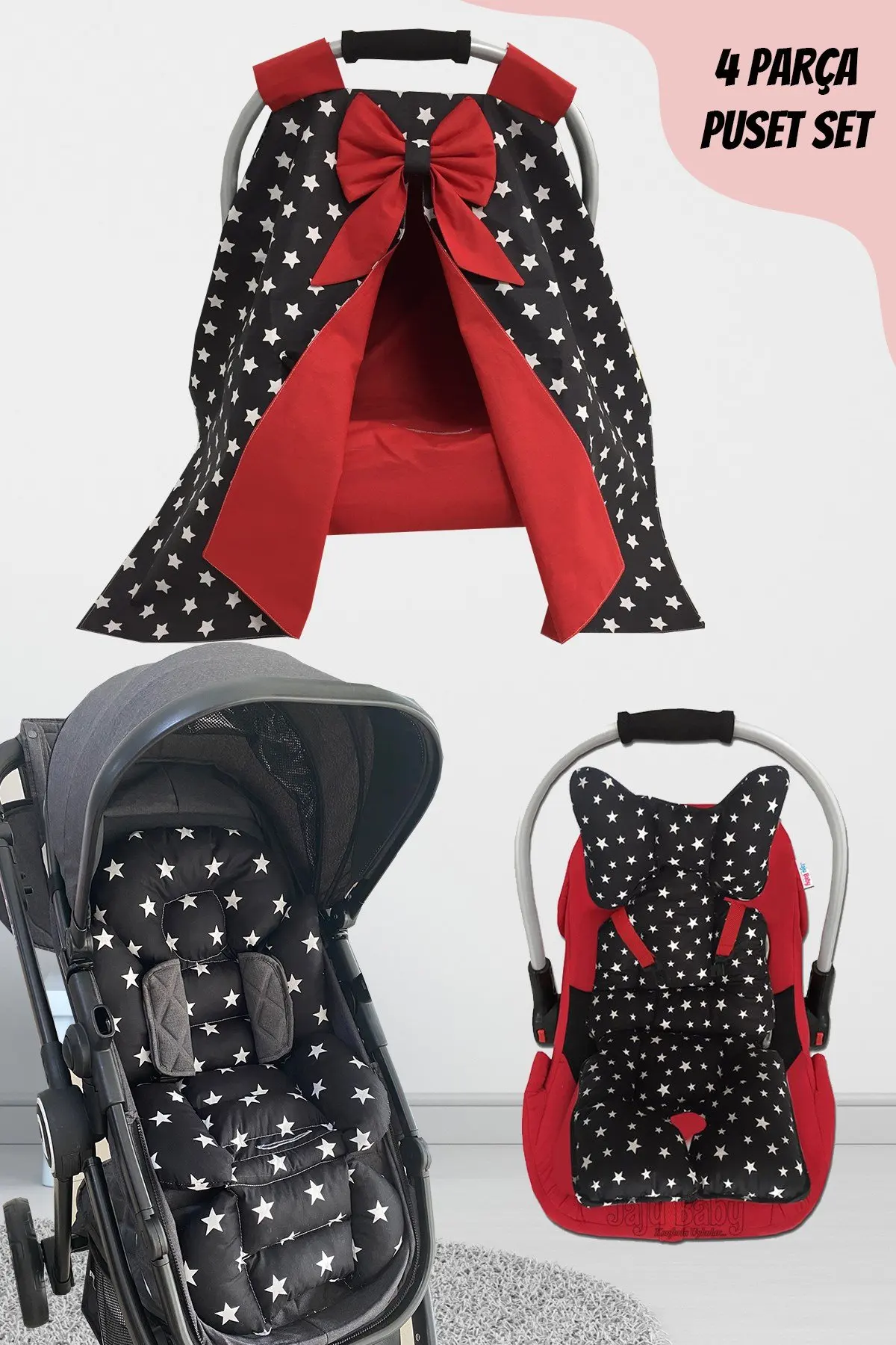 

Handmade Black Star 4-Piece Stroller Set (With Holder)