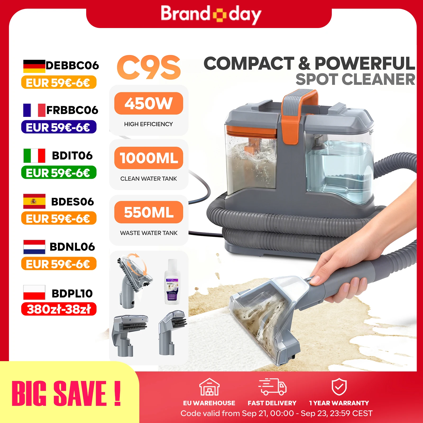C9S Nettoyeur de Tapis 13kPa 450W, Shampouineuse Portable pour Canapé Voiture, Aspirateur Eau Poussière, Kit 3 Brosses Inclus