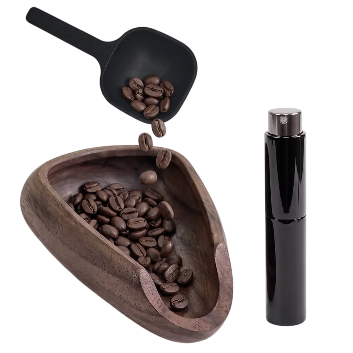 Wooden Coffee Bean Dosing Cup with Spray Bottle and Measuring Spoon Set, Multifunctional Weigh Dosing Tray, for Coffee Beans Tea