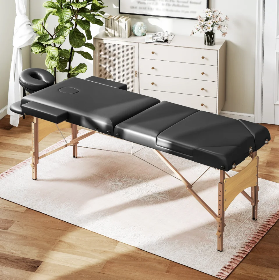 Immagine 6: Lettino da Massaggio Pieghevole in Legno a 3 Zone con Poggiatesta e Braccioli Regolabili 215x60x62-89 cm Nero