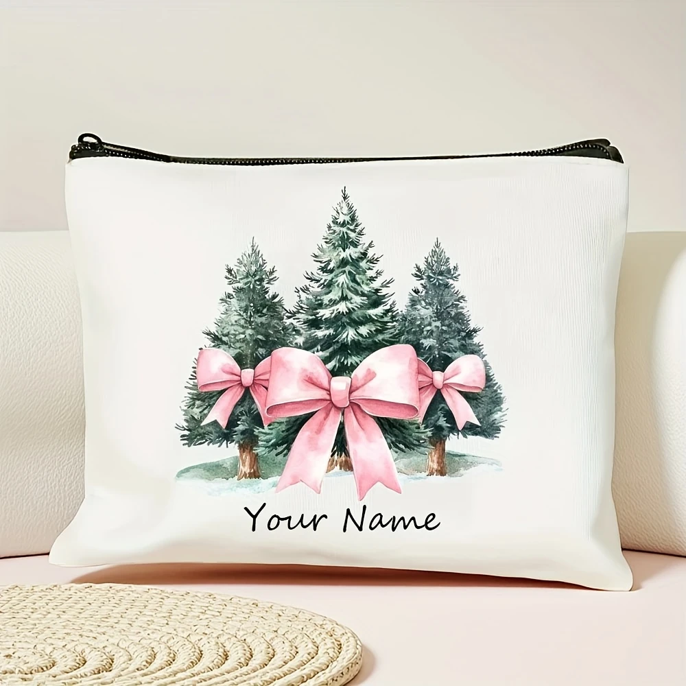Custom Polyester Xmas Pine Reindeer Bow Makeup Bag White Zipper Odorless Large Capacity Portable Unisex Holiday Gift