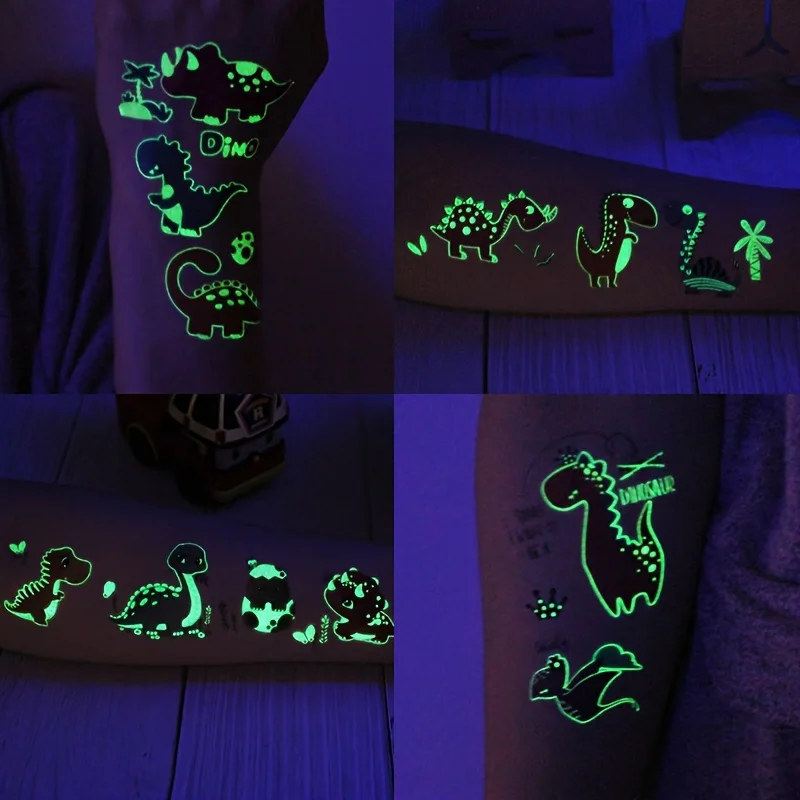 12 Sheets Luminous Dinosaur Temporary Tattoos For Boys Cute Cartoon Dino Tattoo Stickers Glowing Body Art Waterproof Fake Tattoo