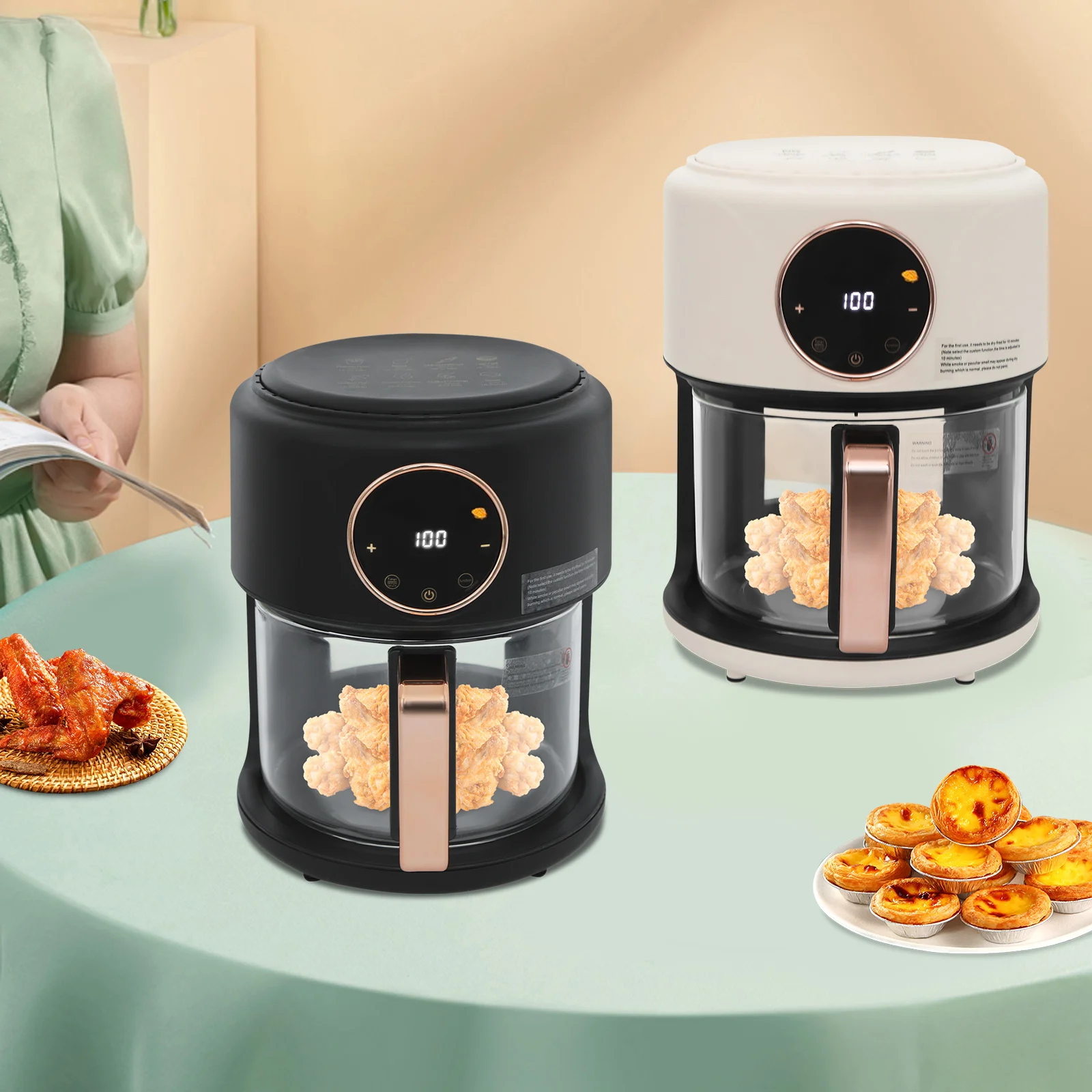 

4.2L/3.81Qt Airy Fryer, 110V 1200W Safe Glass Pot, 360° Viewable Glass Pot,Touchscreen, Non-stick, White/Black For Kitchens