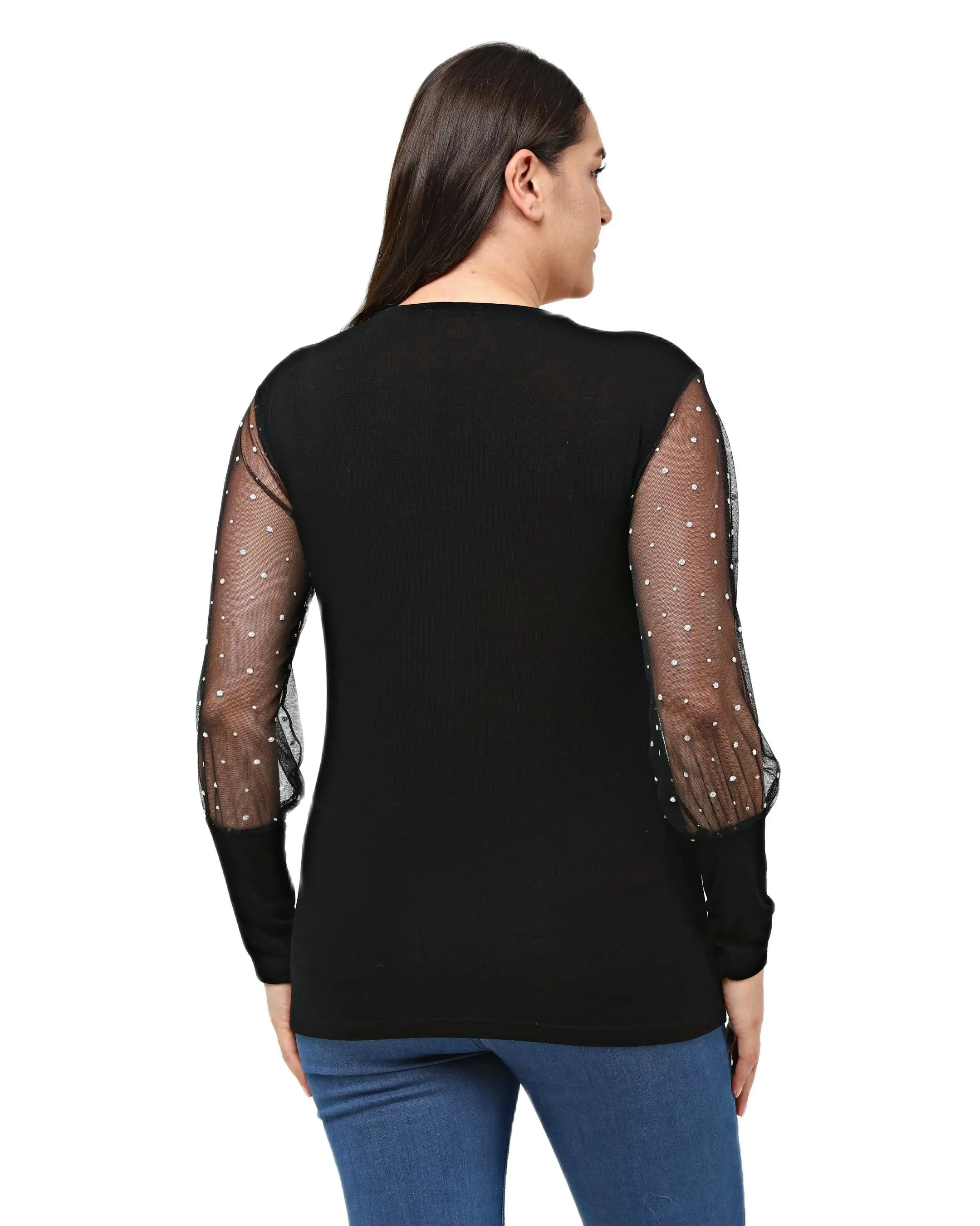 Women’s Plus Size Black Blouse Transparent And Sparkly Dot Detail, Designed and Made in Turkey, New Arrival