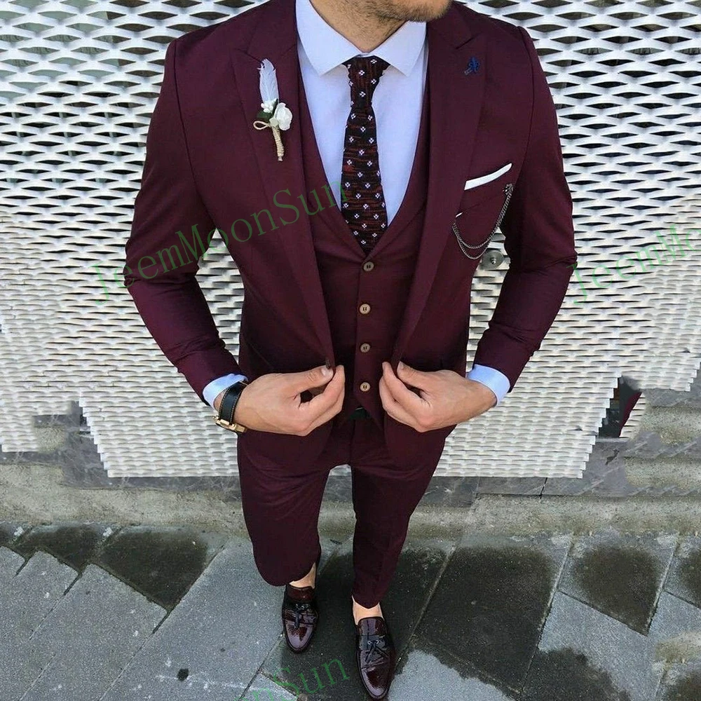 Men Wedding Suit 3 Piece Burgundy Elegant Suit Men 2022 Groom Wear Suit Party Wear One Button Slim Fit Costume Homme