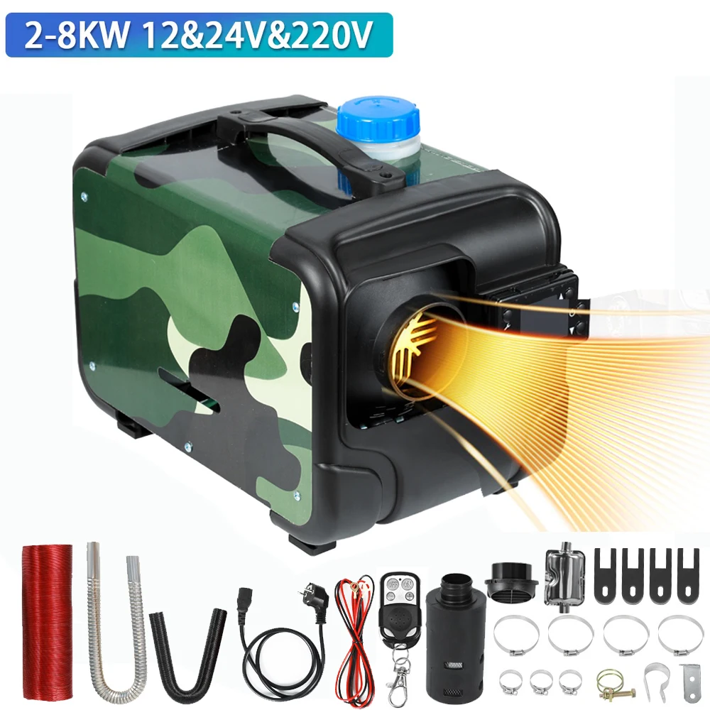 2-8KW 12V/24V/220V Riscaldatore per auto Aria Diesel Riscaldatore Guscio in alluminio Aria Riscaldatore di parcheggio Senza fili LCD Telecomando Motore Preriscaldatore