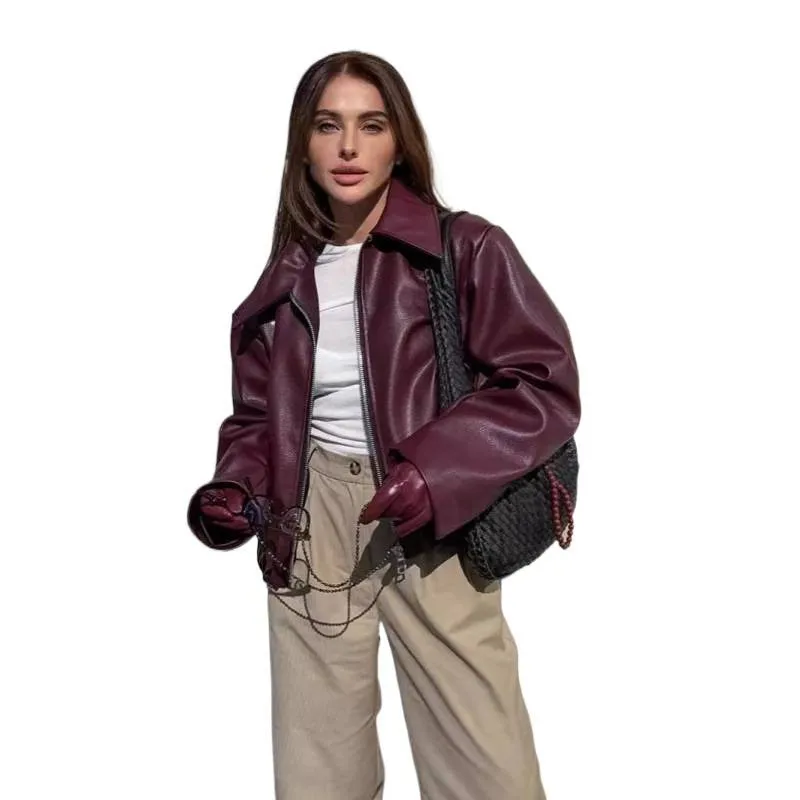 Loose Fit Patchwork Coat Streetwear with Notched Collar Long Sleeve Elegant Women Jacket Autumn Zipper Closure Regular Sleeve
