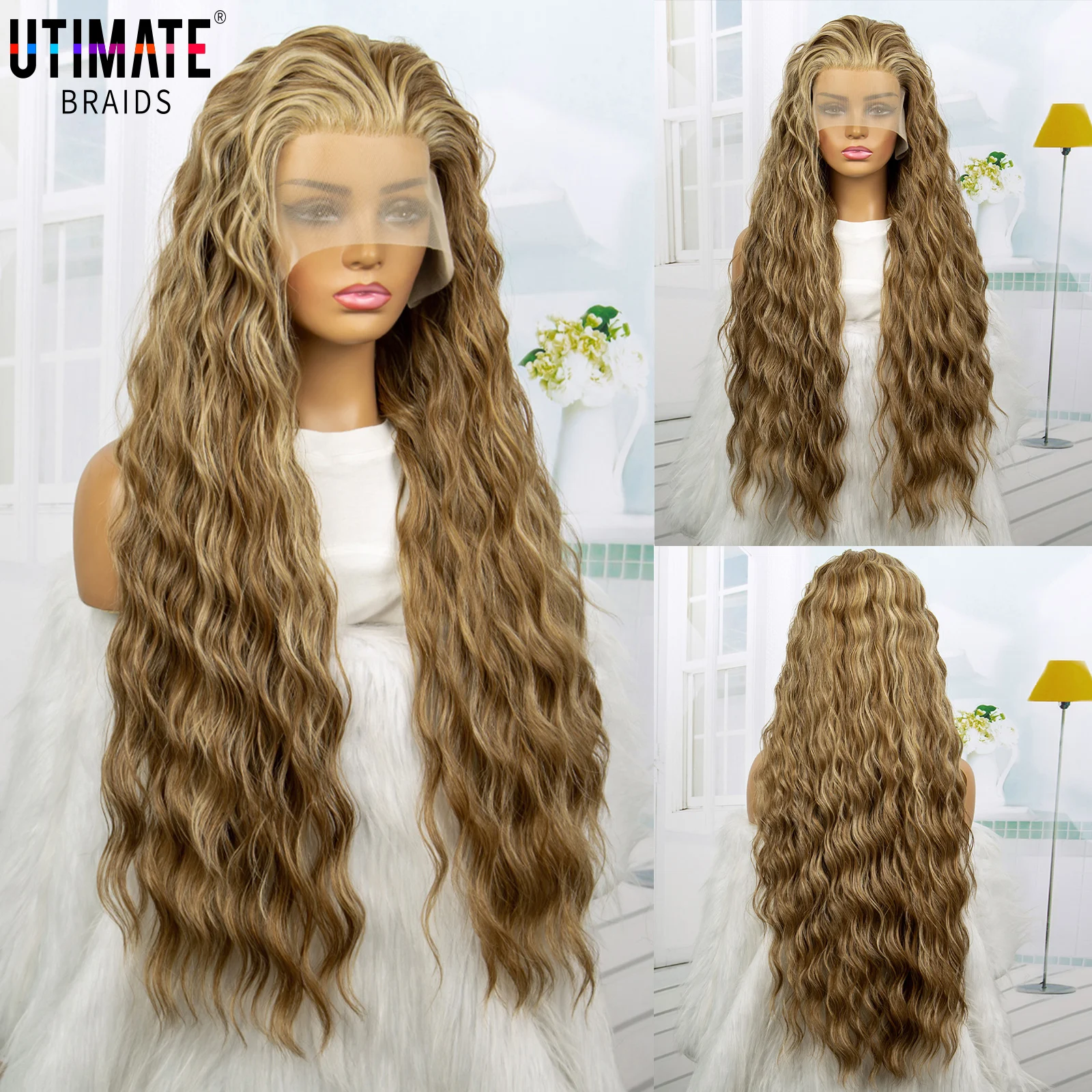 Wig sintetis keriting air Wig renda depan 32 inci Wig renda Wig highlight pirang Wig alami untuk pakaian sehari-hari wanita