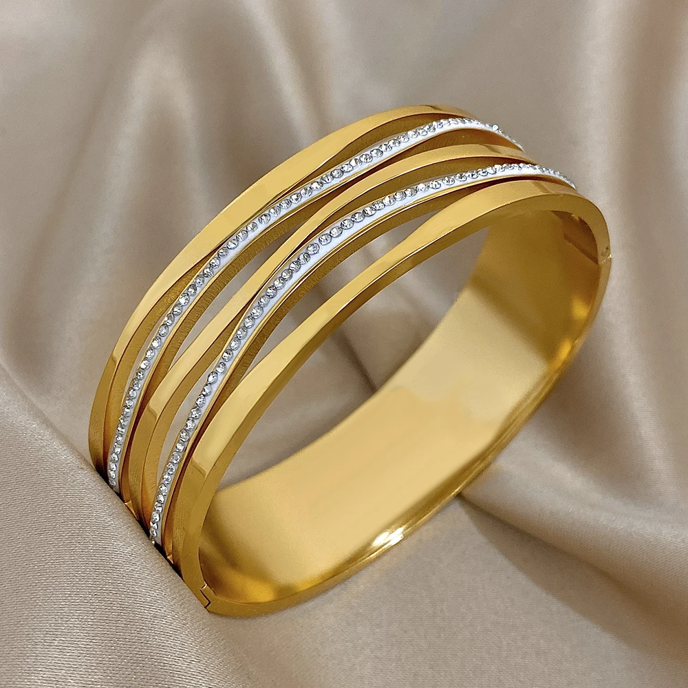

Multilayer Hollow Out Stainless Steel Wide Spring Bangle for Women Inlaid Zircon Chunky Open Bangle Bracelet Waterproof Jewelry