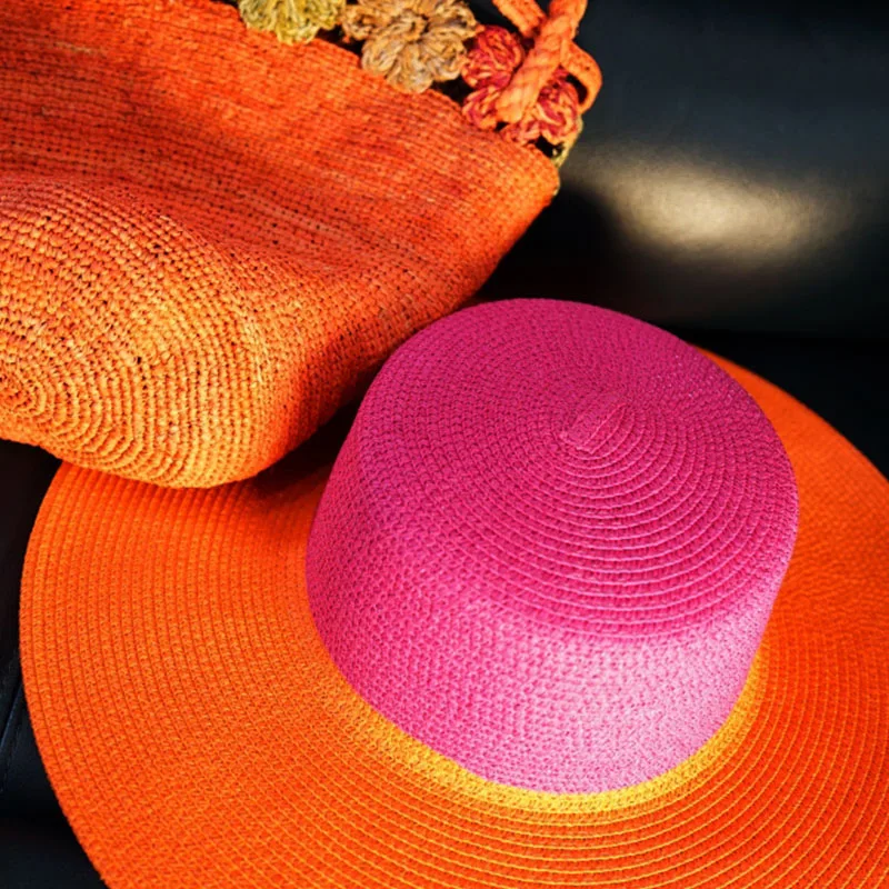 Wide Brim Hot Pink Orange Patchwork Straw Hats Flat Top Boater Hat Ladies Church Wedding Party Hat Derby Vocation Beach Hat