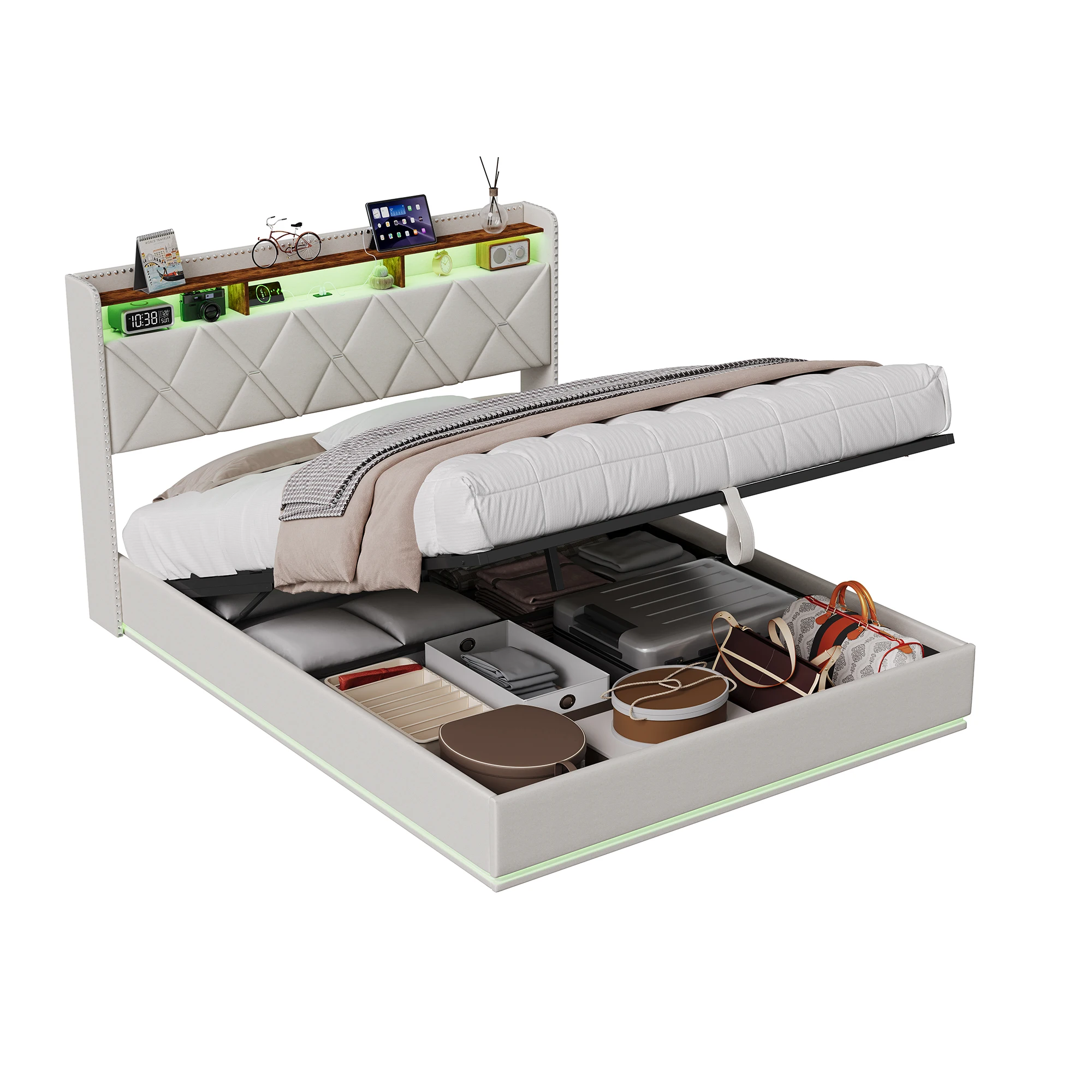 Opbergbed 140x200 cm met hoofdbordplanken, gestoffeerd tweepersoonsbedframe met LED en USB, hydraulisch ottomane bed met lattenbodem, linnen platformbed, boxspring-stijl opbergbed voor tienerkamer, - afbeelding 2