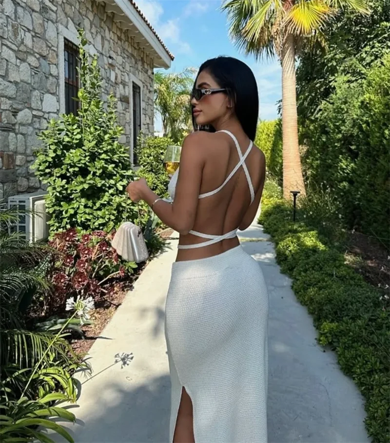 2PC 女性の夏の水着セットロングニットドレスビーチかぎ針編み水着セクシーなネクタイクロップトップブラジャーとサイドスリットスカートビキニカバーアップ