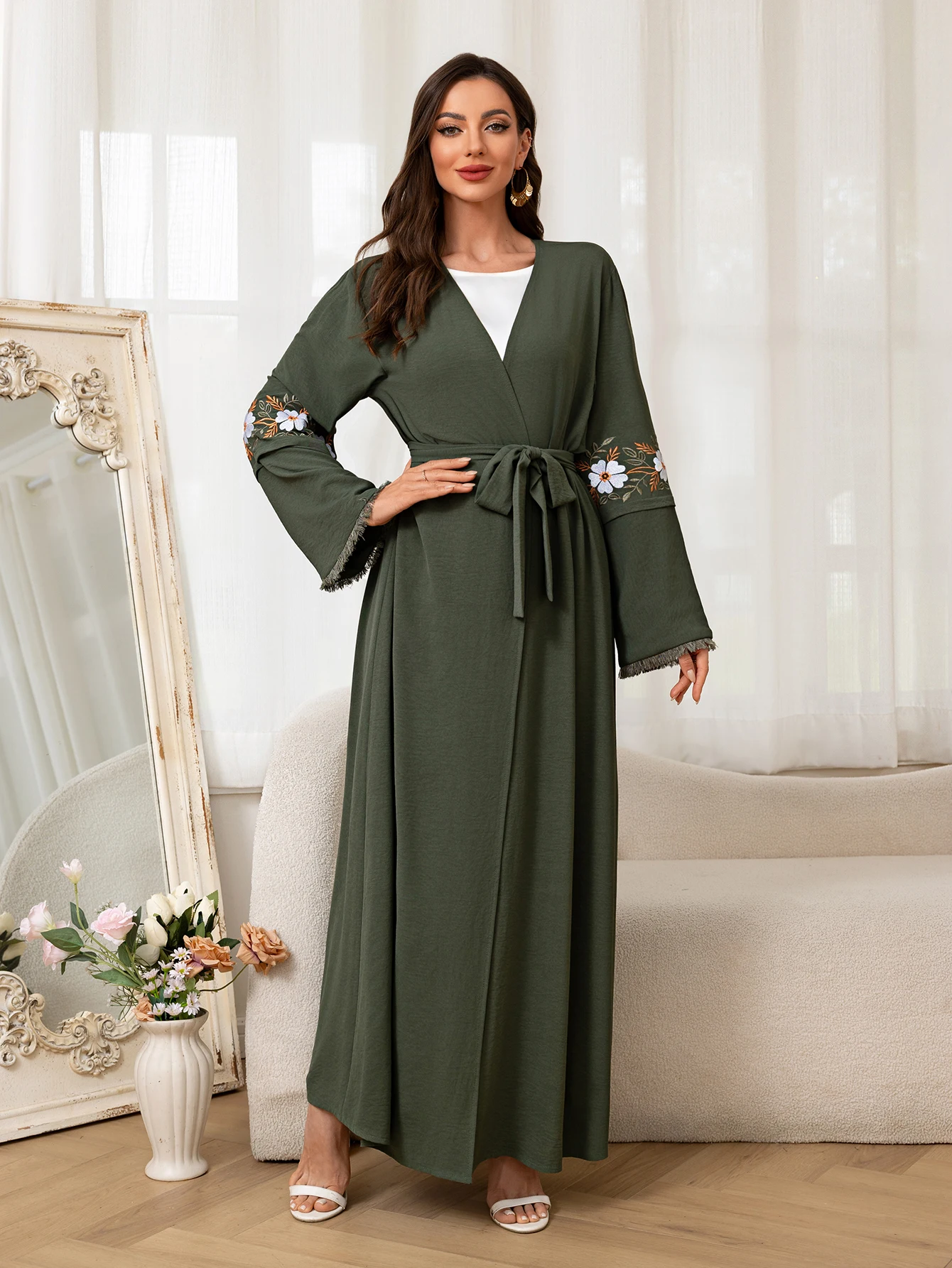 Stylish Green Muslim Abaya Floral Sleeve Embroidery Belted Daily Wear Ramadan and Festive for Saudi Arabia in the Middle East