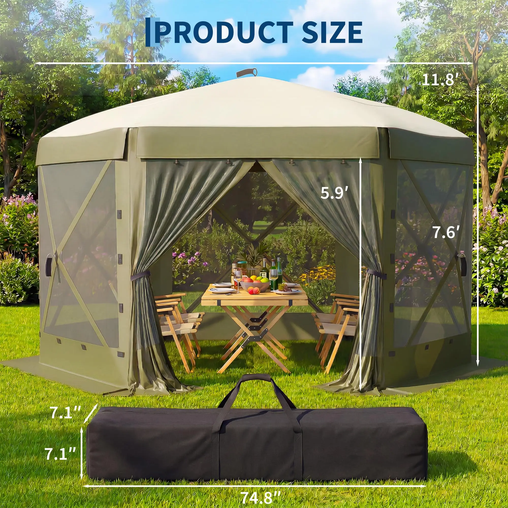 12x12FT 6-Sided Pop Up Gazebo Screen Tent with Mesh Panels|One-Push Setup, Removable & Privacy Wind Cloths, Outdoor Sun Shelter for Camping, Backyard Parties & Events