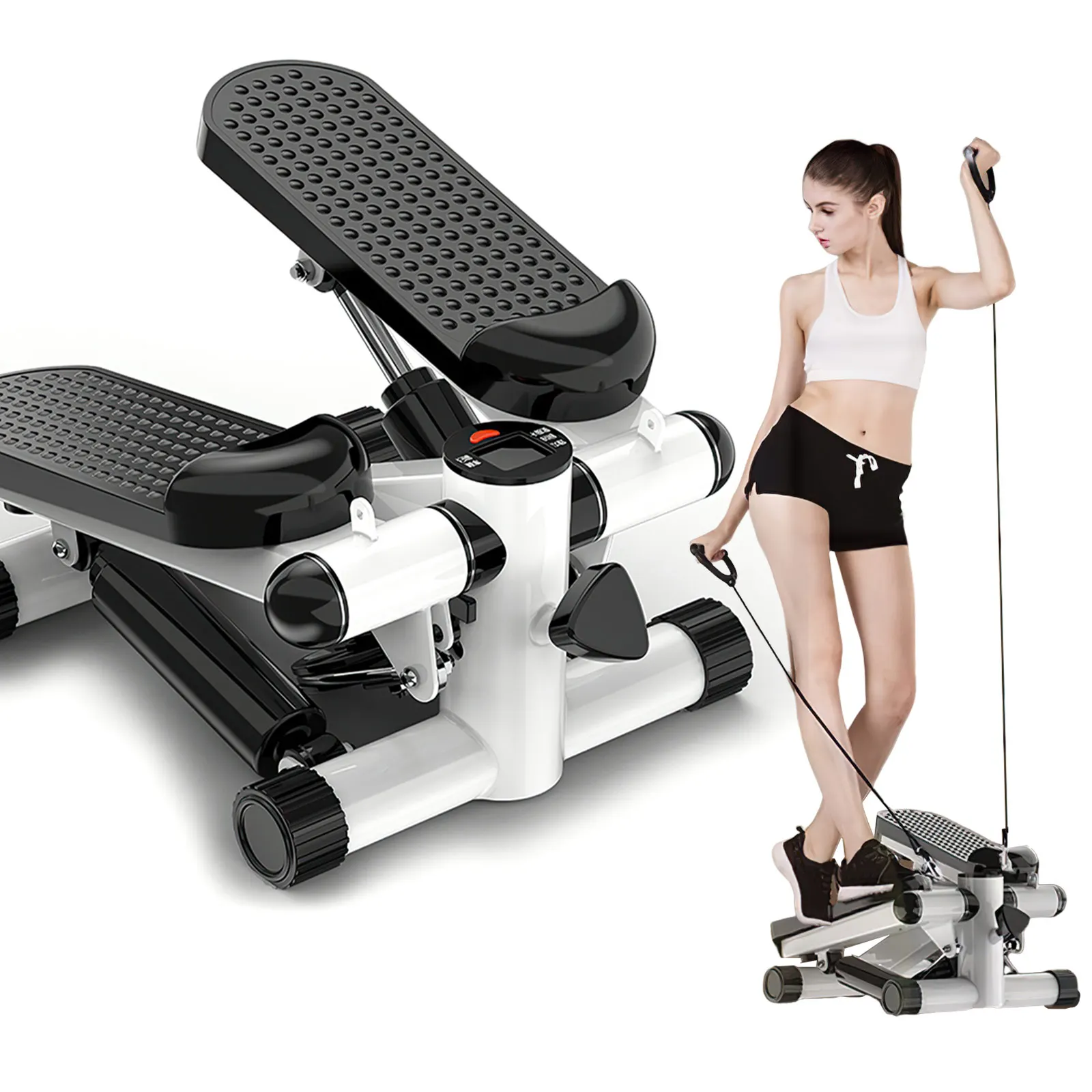 Mini Stepper Hydraulique 140 kg avec Cordes de Résistance pour Entraînement des Jambes, des Bras et des Fessiers, Exercice de Fitness à Domicile ou au Bureau