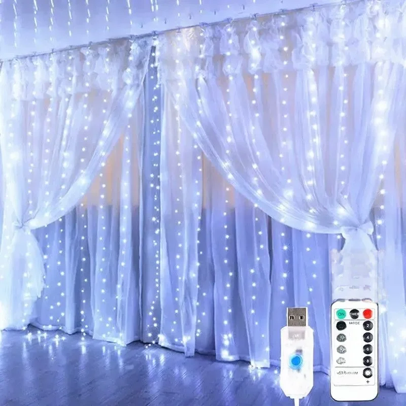 Kurtyna LED Łańcuchy świetlne Świąteczna girlanda Dekoracyjna Wróżka Światło 8 trybów Zdalne sterowanie USB Ślub Impreza świąteczna do sypialni w domu — zdjęcie 2