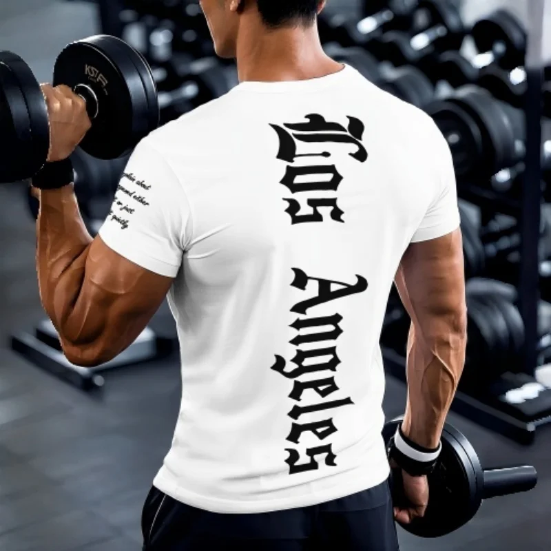 Camiseta de Compresión Blanca para Hombre con Estampado de Los Ángeles, Secado Rápido, Elástica, Manga Corta, para Gimnasio, Entrenamiento, Running y Deportes