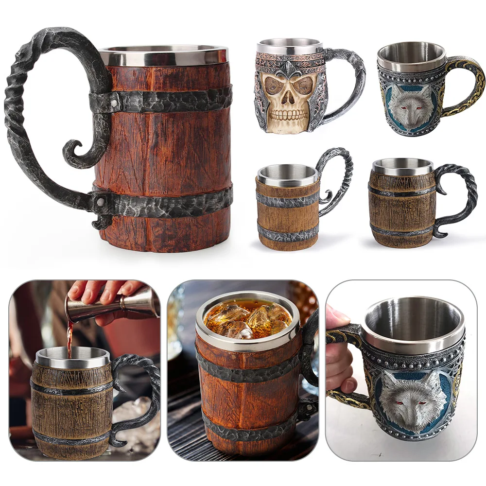 Viking Wood Style Beer Mug Simulation Wooden Barrel Beer Cup Double Wall Drinking Mug Metal Insulated 1PCS Bar Drinking Game