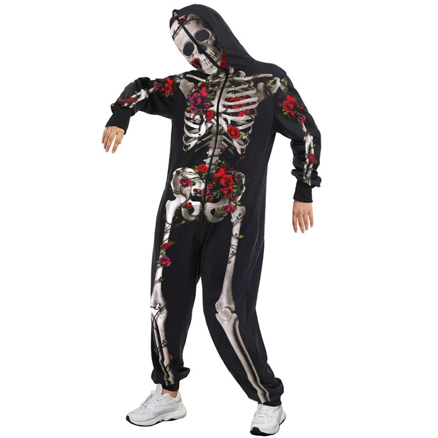 3D Digital Printed Skeleton Pajamas for Men and Women, Zipper Sweatshirt, Mesh, Red Rose, Velvet, Halloween, 1 Pc