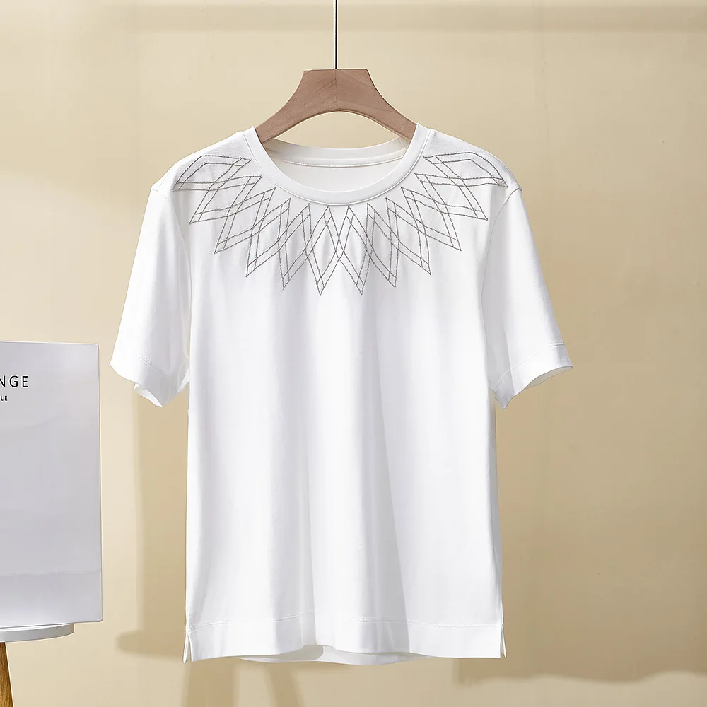 

Women's Summer New Heavy Industry Beads Fashion All-match Cotton Short-sleeved T-shirt
