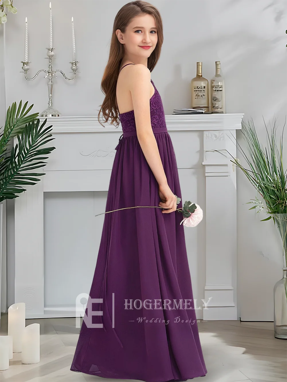 GFH Royal Plum Square Neck Junior Bridesmaid Dress Flower Girl Dress Floor Length Chiffon Lace For Girls Sacred Communion Gowns