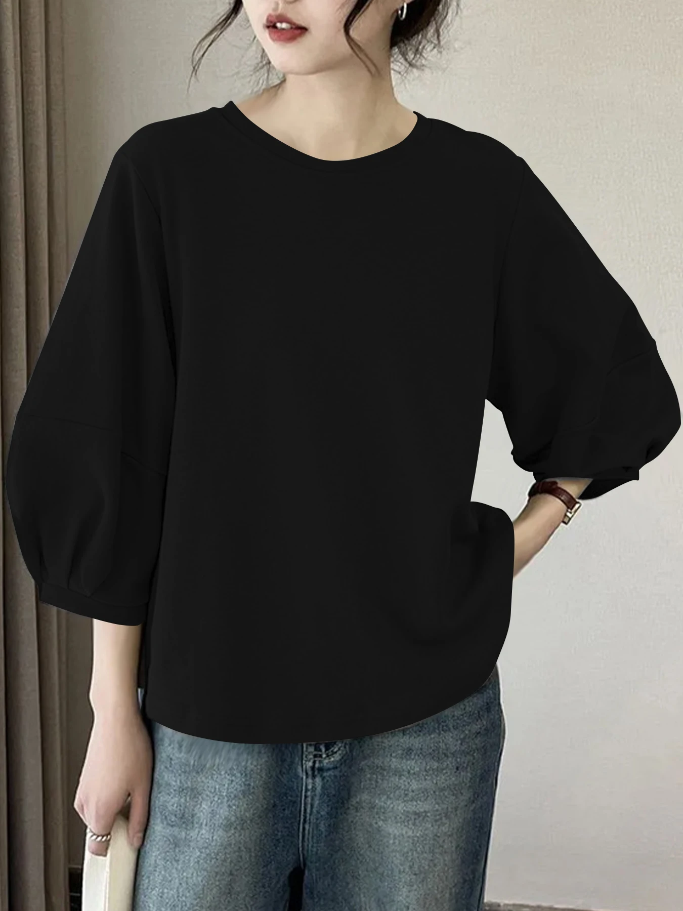 Damen-Tops mit 3/4-Ärmeln, Rundhalsausschnitt, lässig, trendig, lockere T-Shirts – Detail 17