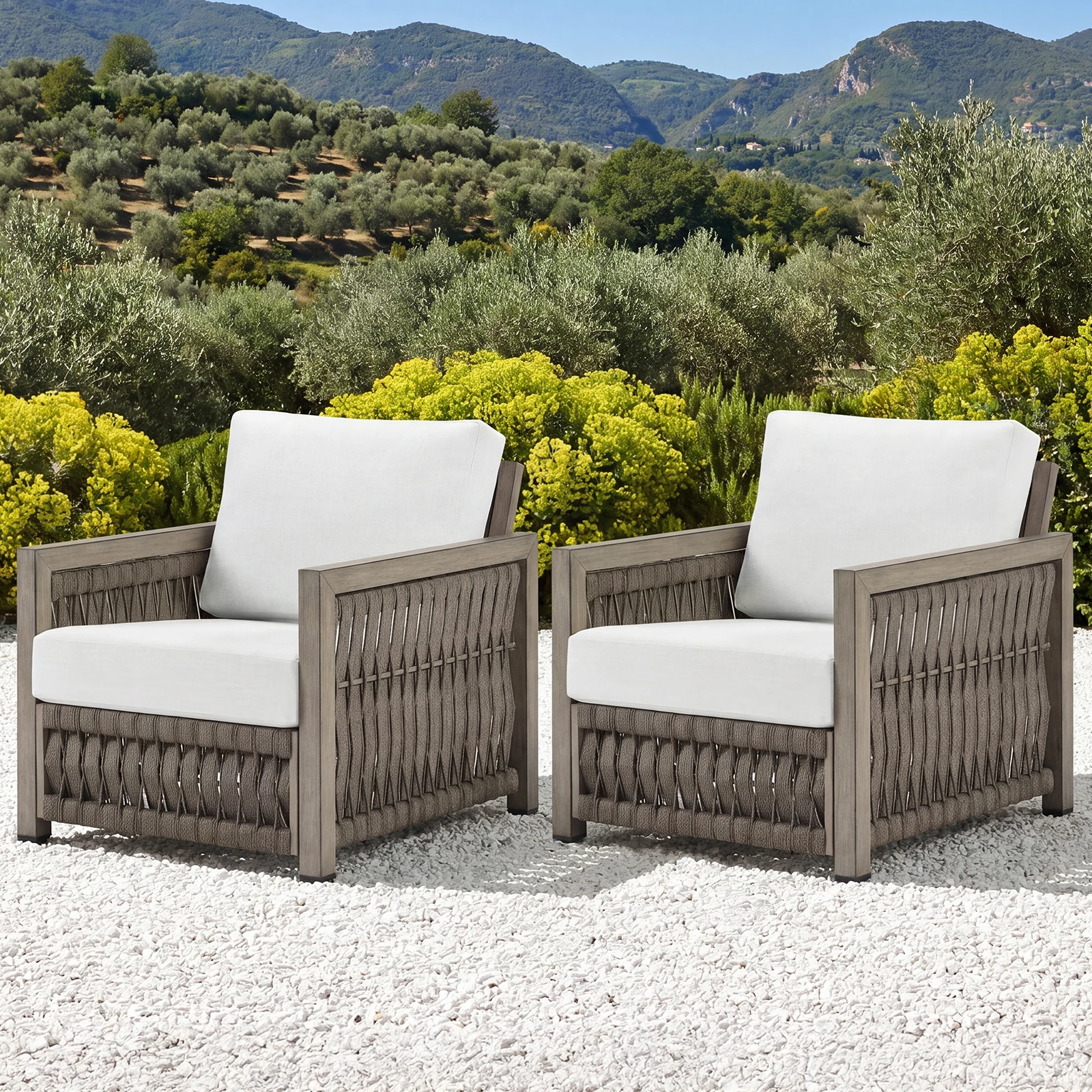 SeeHill Outdoor Chairs Set of 2, Aluminum Patio Chairs with Cushions, Rope Weave Armchairs for Garden, Porch, Gray Oak