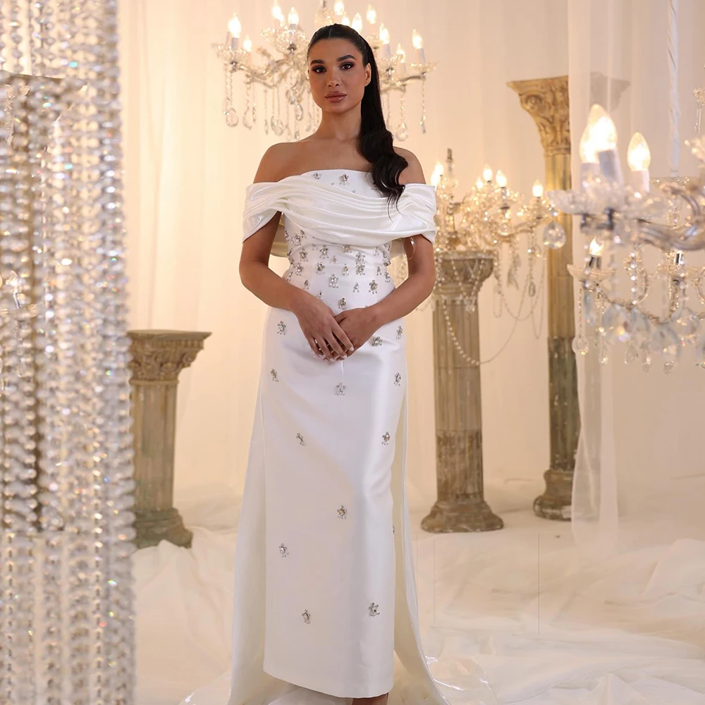 

Шарон Саид Элегантное Дубайское белое атласное вечернее платье с открытыми плечами и верхней юбкой Синее платье миди для свадебной вечеринки SS270 по индивидуальному заказу