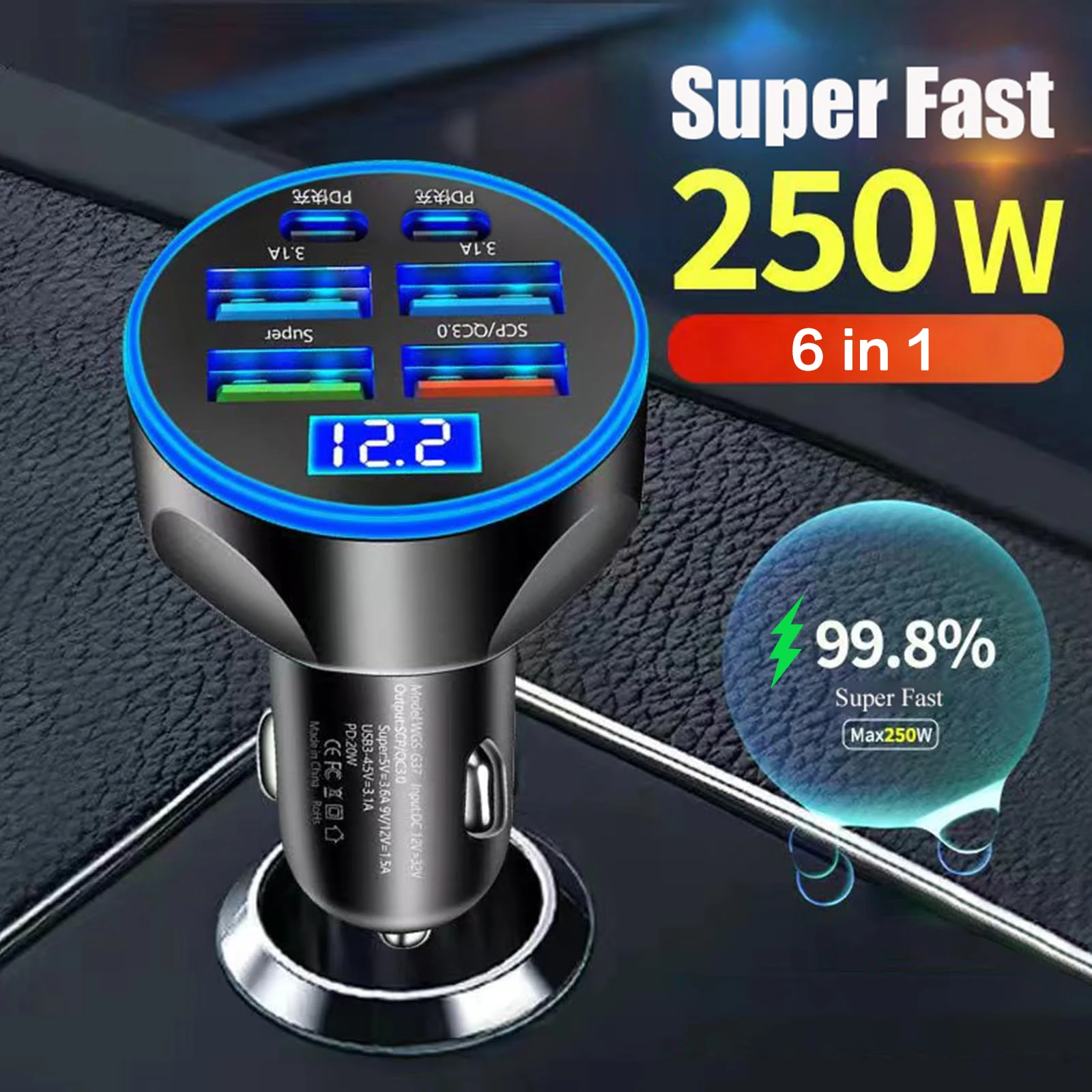 6 IN 1 Super Car Charger Adapter Mobile Phone USB PD Type C Cable For iPhone Fast Charge Cord Cigarette Lighter QC Display