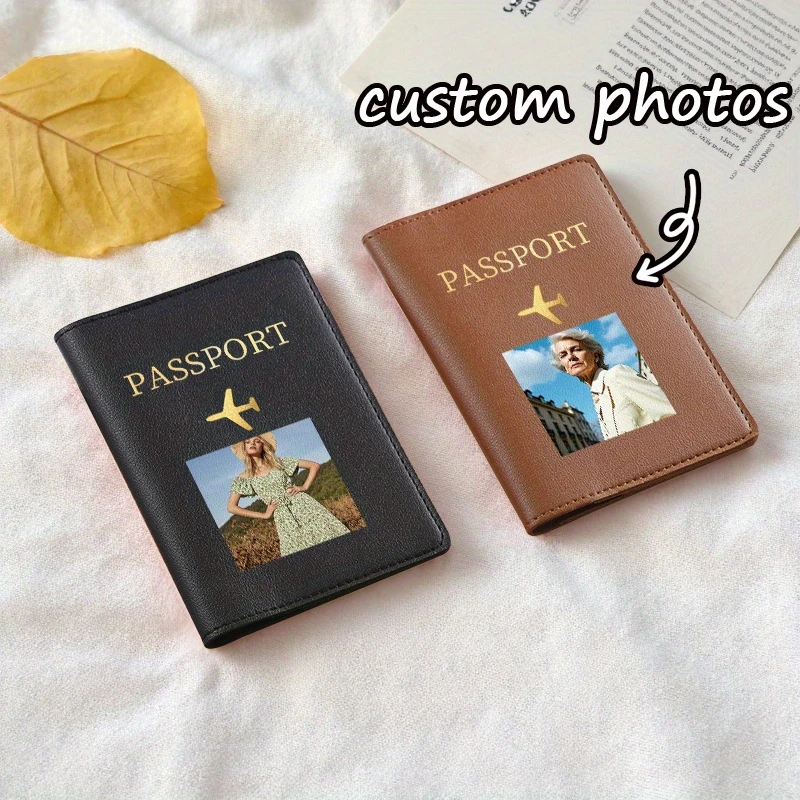 1pc Custom Pet Photo Passport Holder with airplane design, card slots. Multi-color travel wallet, birthday gift for pet lovers