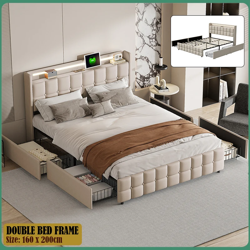 Cadre de lit double Anajqaqia avec éclairage LED de chargement USB et 4 tiroirs, beige (matelas non inclus)