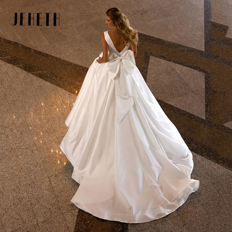 JEHETH-vestidos de novia de línea a para mujer, vestido de novia con cuello en V, sin mangas de satén, elegante vestido de princesa personalizado, 2024 JEHETH-vestidos de novia de línea a para mujer, vestido de novia c