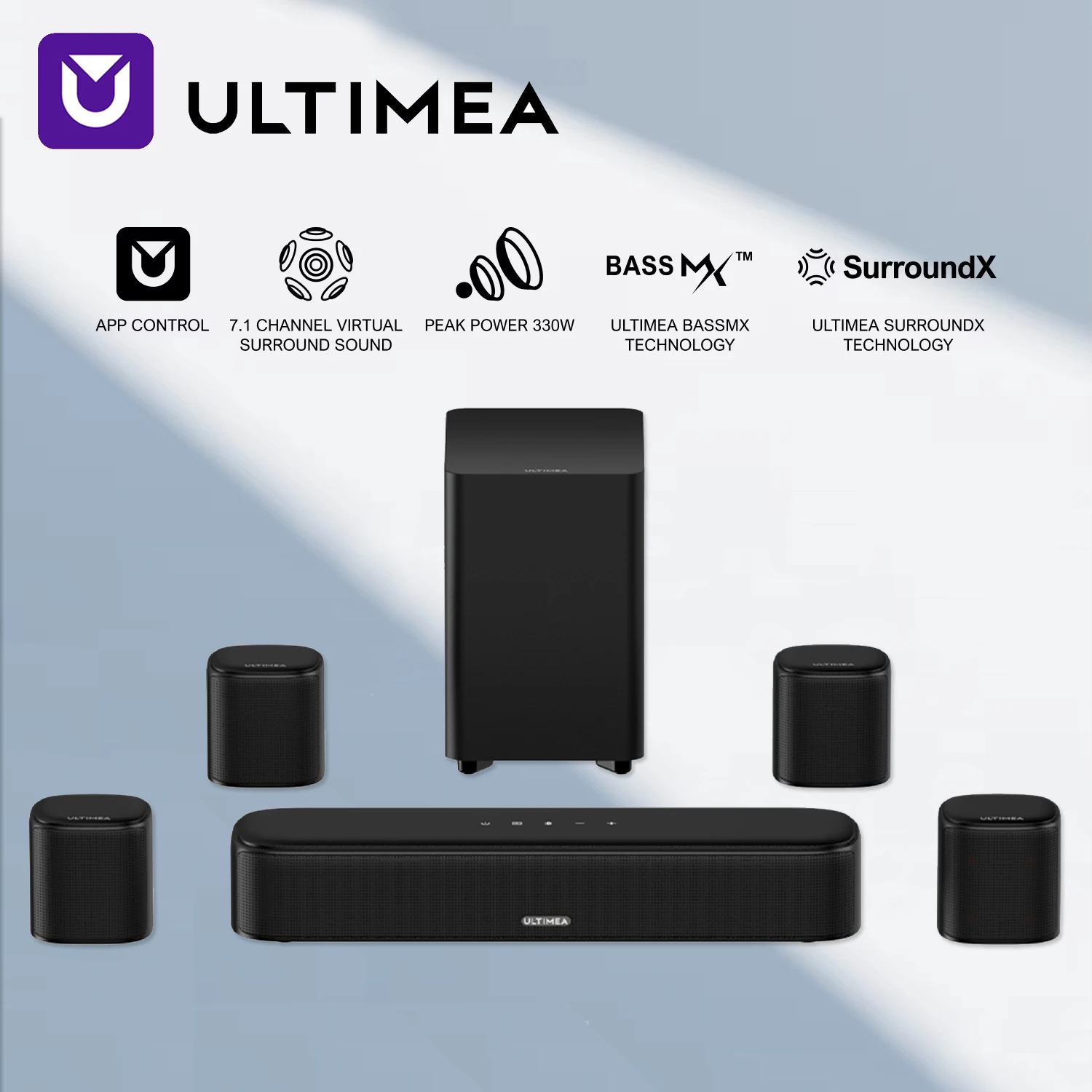 Sistema Soundbar 7.1 Canali Ultimea per TV con 4 Altoparlanti Surround, Suono Surround Virtuale Controllato tramite App